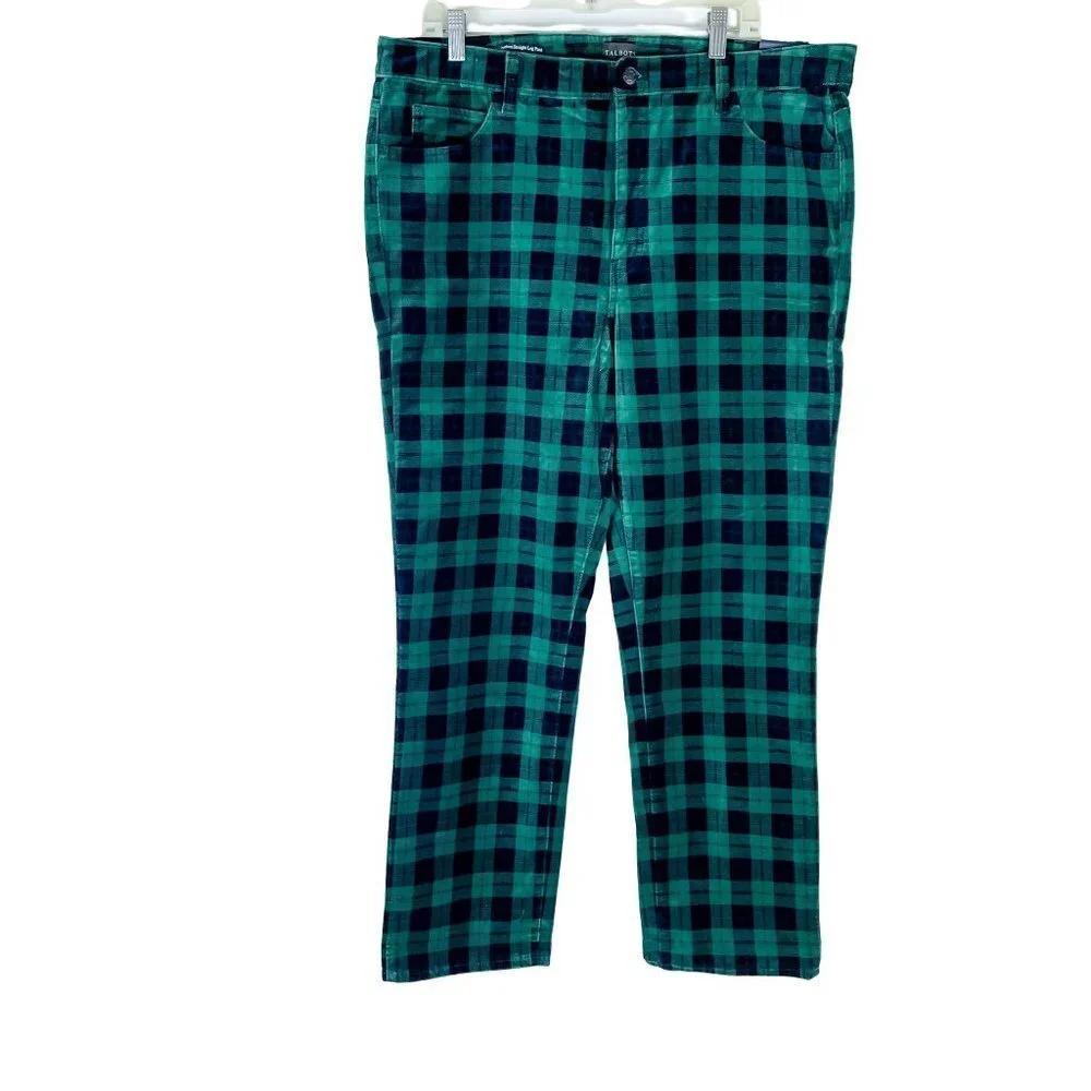 NWT Talbots High Waisted Velveteen Straight Leg Pants Green Plaid sz 18 - Picture 1 of 10
